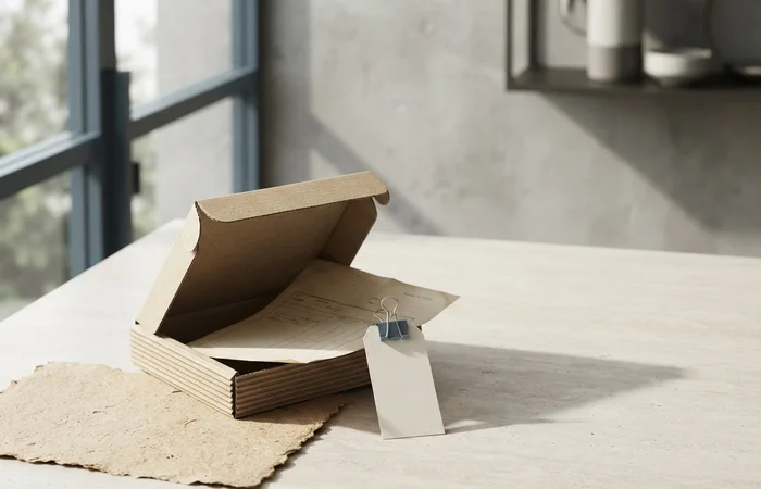 Campione di carta riciclata, scatola aperta, fattura e cartellino del prezzo su un piano di lavoro.